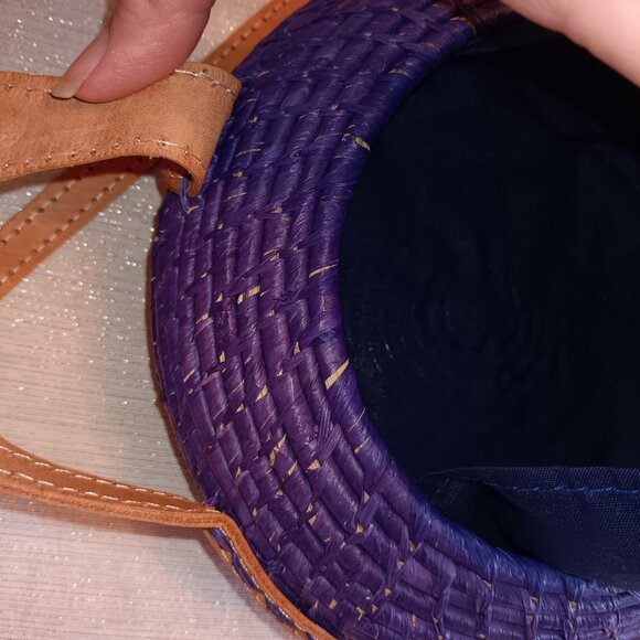Round Woven Blue Straw rattan wicker Crossbody Purse bag handmade boho hippie - Picture 7 of 7